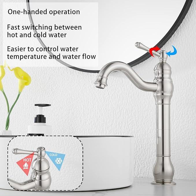GGStudy 360° Swivel Single Handle One Hole Bathroom Vessel Sink Faucet Matching Pop Up Drain Without Overflow Brushed Nickel - ModernBath