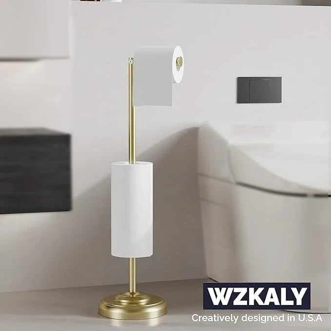 Freestanding Toilet Paper Holder Stand with Storage – Holds 4 Extra Rolls – Brushed Gold Toilet Paper Holder for Bathroom – Sturdy Base, Classic Retro Style, Space-Saving Bathroom Storage - ModernBath