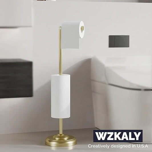 Freestanding Toilet Paper Holder Stand with Storage – Holds 4 Extra Rolls – Brushed Gold Toilet Paper Holder for Bathroom – Sturdy Base, Classic Retro Style, Space-Saving Bathroom Storage - ModernBath