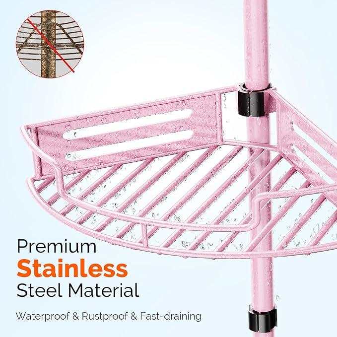 HAMITOR Corner Shower Caddy Tension Pole: Quick Installation 4-Tier Rustproof Bathroom Organizer Shelves for Bathtub Shampoo Storage - 47-121 inch Adjustable Floor Standing Bath Rack Holder - Pink - ModernBath