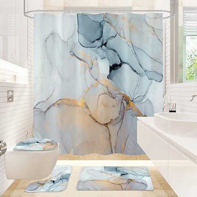 Gibelle 4 Pcs Bathroom Shower Curtain Set with Non-Slip Rugs, Toilet Lid Cover and Bath Mat, Grey Blue Marble Bathroom Decor Set with Shower Curtain and Rugs and Accessories - ModernBath
