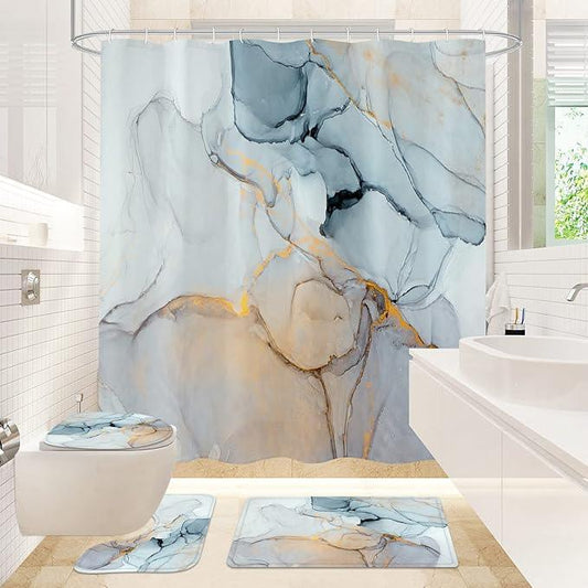 Gibelle 4 Pcs Bathroom Shower Curtain Set with Non-Slip Rugs, Toilet Lid Cover and Bath Mat, Grey Blue Marble Bathroom Decor Set with Shower Curtain and Rugs and Accessories - ModernBath