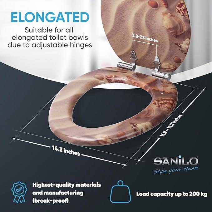 SANILO Wooden Toilet Seat with Soft Close [ELONGATED] - Decorative, Quiet & Slow Close Molded Wood Seat - With Strong Bumpers & Hinges - Adjustable Fit - Sanibel - ModernBath