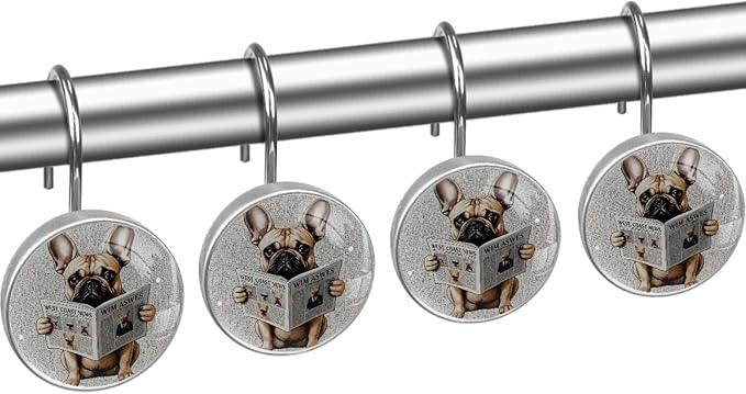 Dog Reading Newspaper Shower Curtain Hooks 12Pcs, Decorative Rust Resistant Shower Rings for Shower Curtain Rods, Stainless Steel Round Curtain Hooks for Bathroom, Bedroom, Farmhouse - ModernBath