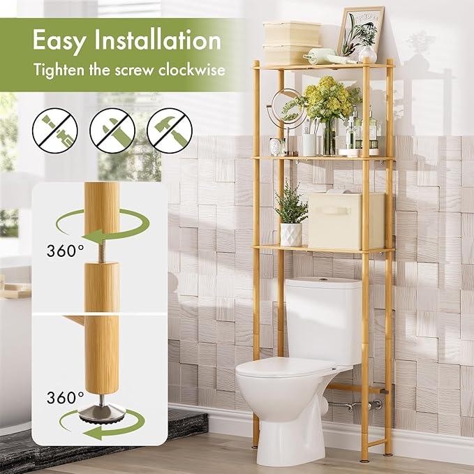 AmazerBath Over The Toilet Storage Bamboo, 3-Tier Over Toilet Organizer Rack with 2 Fabric Storage Bins, Freestanding Toilet Shelf for Bathroom Laundry Space Saver, Natural Color - ModernBath