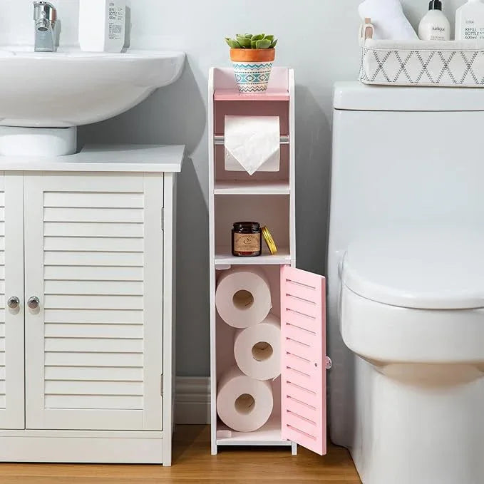 AOJEZOR Toilet Paper Holder Stand: Small Bathroom Storage Cabinet - Jelly Pink - White - ModernBath