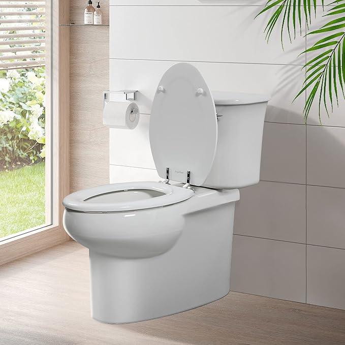 Elongated White Toilet Seat Natural Wood Toilet Seat with Zinc Alloy Hinges, Easy to Install also Easy to Clean, Scratch Resistant by Angol Shiold (Elongated, White) - ModernBath