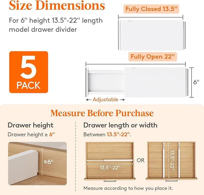 Lifewit 5 Pack Drawer Dividers Plastic 6" High, 13.5-22" Adjustable Drawer Organizers for Clothes, Expandable Dresser Separators in Bedroom/Bathroom/Kitchen/Fridge/Office Organization and Storage - ModernBath