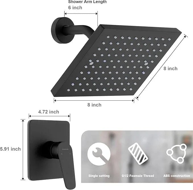 Lavatrum Premium Shower Head and Valve Set Wall Mount 8 Inch Rainfall Square Shower Faucet Single Spray with Rough-in Valve and Trim Kit for Bathroom(Matte Black) - ModernBath