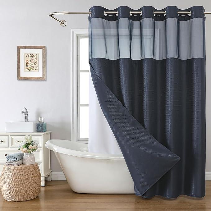 eachope Extra Long No Hook Shower Curtain with Snap-in Fabric Liner Set,Navy Waffle Weave Shower Curtains for Bathroom,Hotel Luxury Decor Bathroom Curtain Set,Waterproof & Washable,71Wx86H - ModernBath