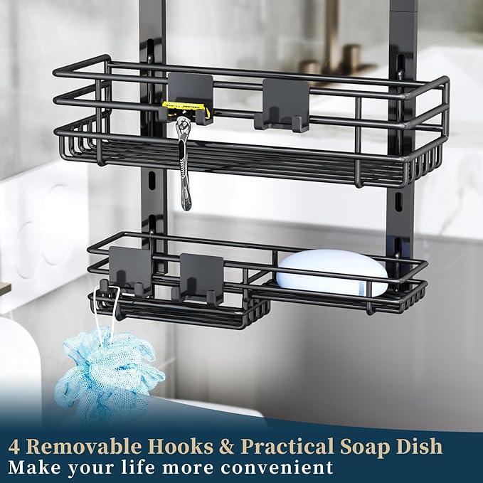 Consumest Over The Door Shower Caddy - 5 Tier Adjustable Shower Organizer Hanging with 2 Toothbrush Holders & 4 Hooks, Rustproof Organizer Shelf, Storage Rack for Bathroom, Black - ModernBath