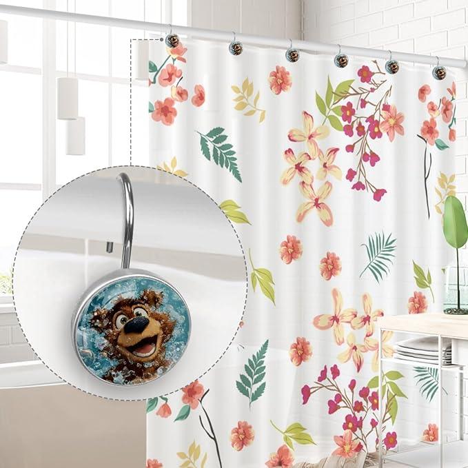 Cartoon Brown Bear and Bubbles Shower Curtain Hooks 12Pcs, Decorative Rust Resistant Shower Rings for Shower Curtain Rods, Stainless Steel Round Curtain Hooks for Bathroom, Bedroom, Farmhouse - ModernBath