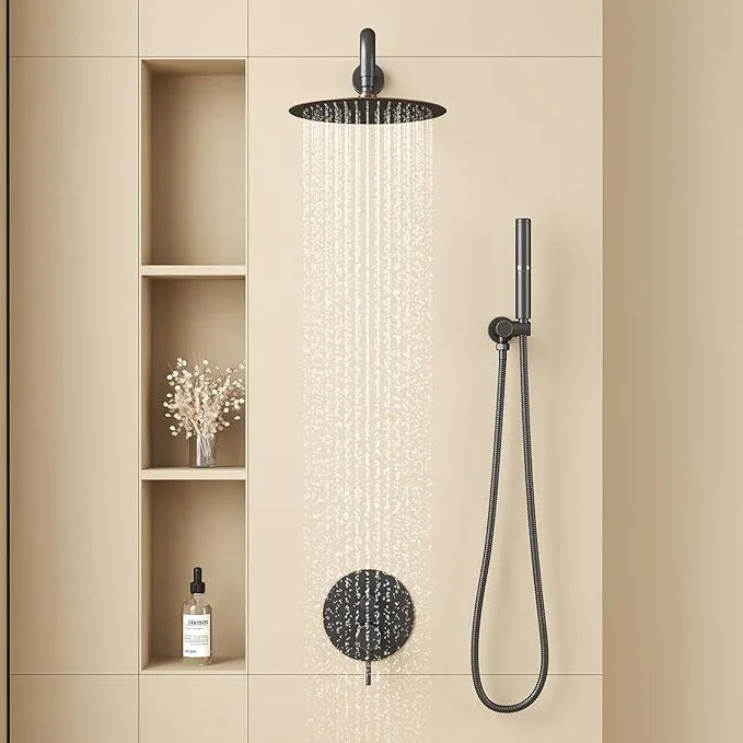 BESy Shower System with 10 Inch Round Rain Shower Head and Handheld Wall Mounted, High Pressure Rainfall Shower Faucet Fixture Combo Set with 2 in 1 Handheld Showerhead for Bathroom, Oil Rubbed Bronze - ModernBath