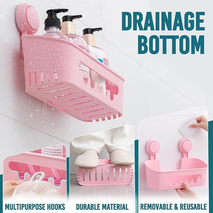 TAILI Shower Caddy Suction Cup 2 Pack, Heavy Duty Bathroom Organizer, Removable Shelves for Inside Shower, Shampoo, Waterproof Suction Plastic Storage for Bathroom Accessories Holder, Pink - ModernBath
