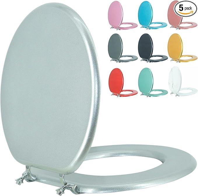 BLOFDE Round Toilet Seat Wood Toilet Seat Prevent Shifting with Zinc Alloy Hinges American Standard Size Toilet Seat Easy to Install also Easy to Clean(Round,Sparkling ClassicalSilver) - ModernBath
