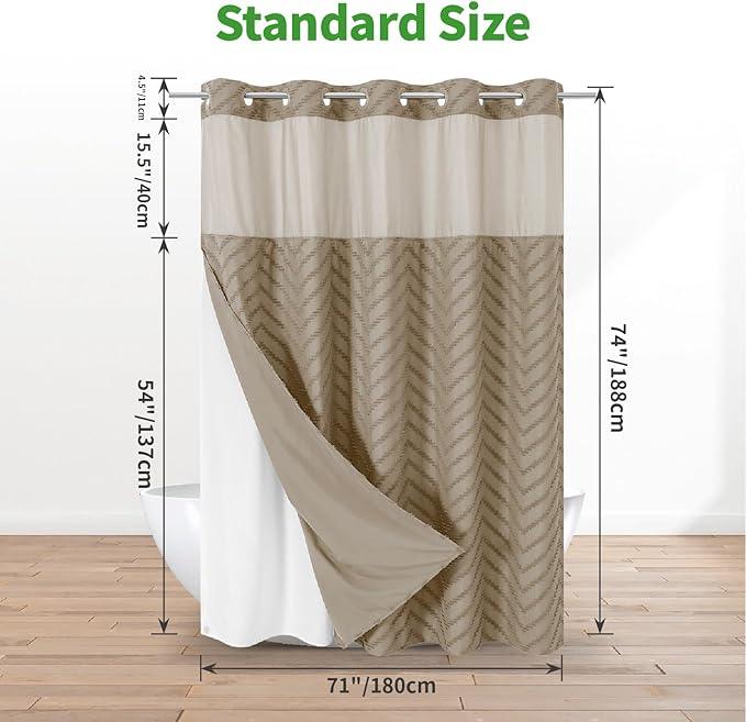 eachope No Hook Boho Farmhouse Shower Curtain with Snap-in Fabric Liner set-71Wx74H(72H),Beige Tufted Chevron Striped Hotel Grade Cloth Shower Curtains for Bathroom with Window,Water Repellent - ModernBath