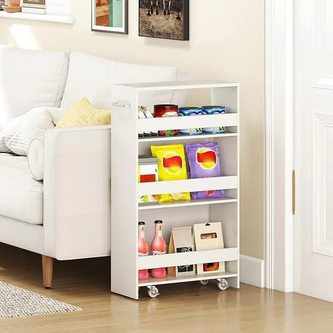 Small Kitchen Cart, 4-Tier Slim Rolling Island w/Handle, Laundry Room Storage Organizers Between Washer and Dryer, Narrow Spice Rack on Wheels Next to Fridge (White, 8'') - ModernBath