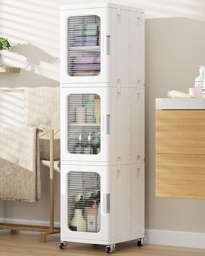 BROVIEW 3-Tier Tall Narrow Storage Cabinet Organizer, Slim Bathroom Cabinets with Adjustable Shelves and Doors, Plastic Kitchen Pantry Organizers and Storages for Small Space, Laundry, White - ModernBath
