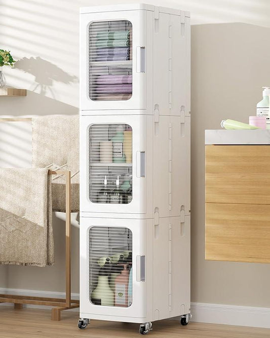 BROVIEW 3-Tier Tall Narrow Storage Cabinet Organizer, Slim Bathroom Cabinets with Adjustable Shelves and Doors, Plastic Kitchen Pantry Organizers and Storages for Small Space, Laundry, White - ModernBath