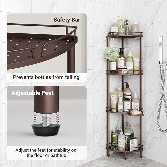 ELYKEN Corner Shower Caddy Standing, 4 Tier Rustproof Metal Shower Organizer with Soap Holder, Floor Shower Corner Shelf Rack Storage Stands with Adjustable Feet & 2 Hooks for Bathroom, Bronze - ModernBath