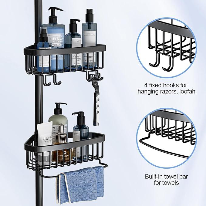Corner Shower Caddy Tension Pole: Adjustable Rustproof 4-Tier Inside Bathroom Organizer - 47-121 inch Quick Installation Bathtub Shelves for Shampoo Storage - Rod Floor Standing Bath Rack - Black - ModernBath
