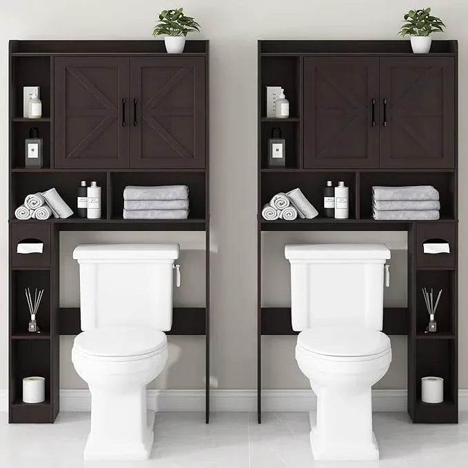 Vabches Over The Toilet Storage Cabinet, Farmhouse Storage Cabinet Over Toilet with 2 Barn Door & Toilet Paper Holder Stand，Home Space-Saving Toilet Rack, for Bathroom, Restroom, Laundry - ModernBath