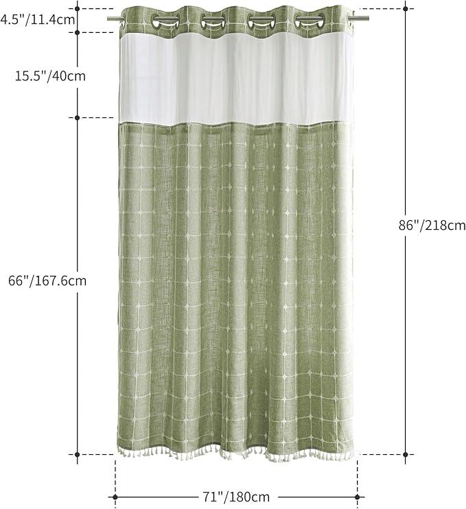 River Dream Sage Green Farmhouse Shower Curtain with Snap-in Liner, No Hooks Needed,with Magnets,with Tassels,Water Repellent&Machine Washable,71x86Inch - ModernBath