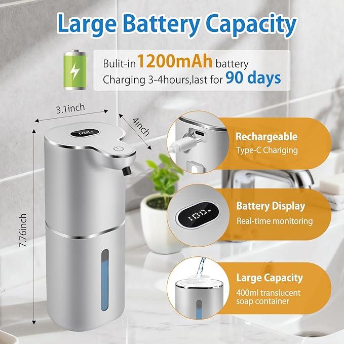 Automatic Foaming Soap Dispenser with Digital Display, 6-Level Foam Adjustable, Rechargeable, 12.8oz/ 380ml Wall Mounted Touchless Hands Free Auto Dispenser for Kitchen, Bathroom, Hotel, Restaurant - ModernBath