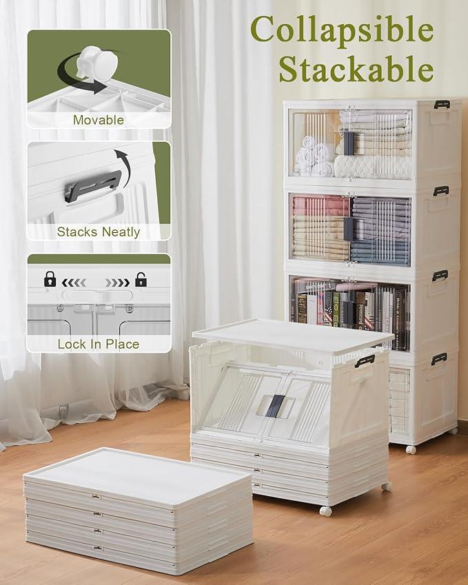 OlarHike 76QT Lockable Storage Bins with Lids - Folding Storage box with Doors and Wheels, Collapsible Plastic Storage Bins for Closets, Stackable Storage Organizer, Storage Containers, 4 Pack Cubes - ModernBath