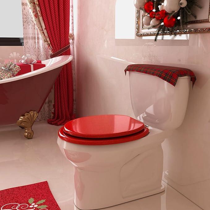 BLOFDE Round Toilet Seat Wood Toilet Seat Prevent Shifting with Zinc Alloy Hinges American Standard Size Toilet Seat Easy to Install also Easy to Clean (Round,Sparkling Christmas Red) - ModernBath