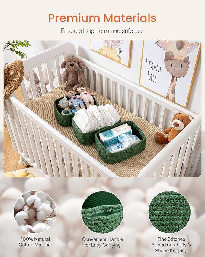 Small Woven Basket, 12 x 8 x 4.5 Inches, Storage Basket for Organizing, Cute Small Rope Shelf Closet Cube Storage Bins Baskets for Shelves, Dog Toy Gift Baskets Empty, 3 Packs, Green - ModernBath