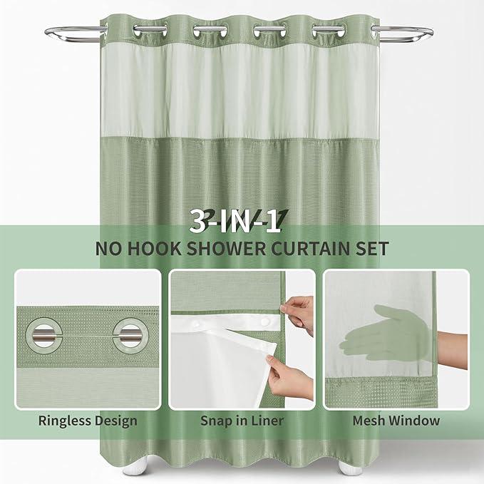 eachope No Hook Waffle Weave Shower Curtain with Snap-in Fabric Liner Set,Sage Green Shower Curtains for Bathroom with See Through Top Window,Water Repellent & Washable,71Wx74H - ModernBath