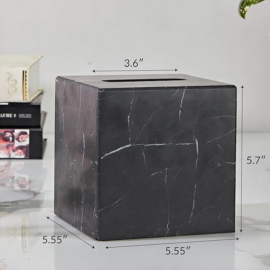 Natural Black Marble Tissue Holder, Removable Tissue Box, Tissue Dispenser with Acrylic Board Bottom, for Bathroom, Living, Bedroom, Dressing Table, Kitchen, Office, 5.5X5.5X5.7 Inch Napkin Box