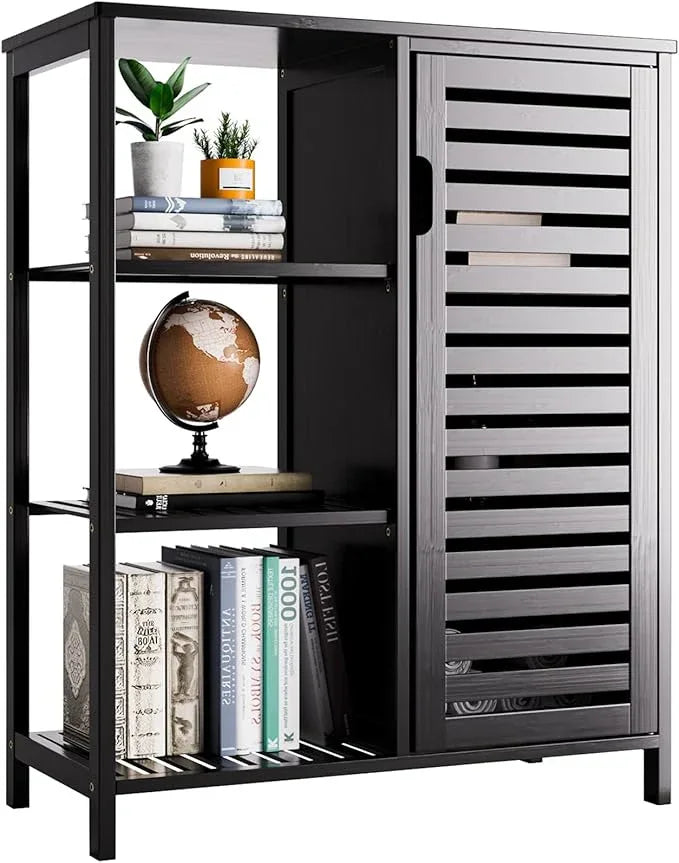 HITNET Black Bathroom Cabinet, Freestanding Storage Cabinet Bamboo Kitchen Floor Cupboard with Door and Shelf, Space Saving Side Storage Organizer for Living Room Bedroom Home Office - ModernBath