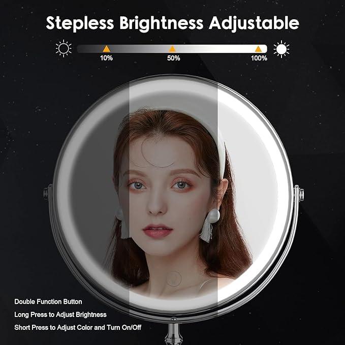 Lighted Makeup Mirror, 3000 mAh Rechargeable Double Sided Magnifying Vanity Mirror with 3 Colors, 1x/10x, 360° Rotation , Brightness Adjustable Magnification Cosmetic Light up Mirror, Women Gift - ModernBath