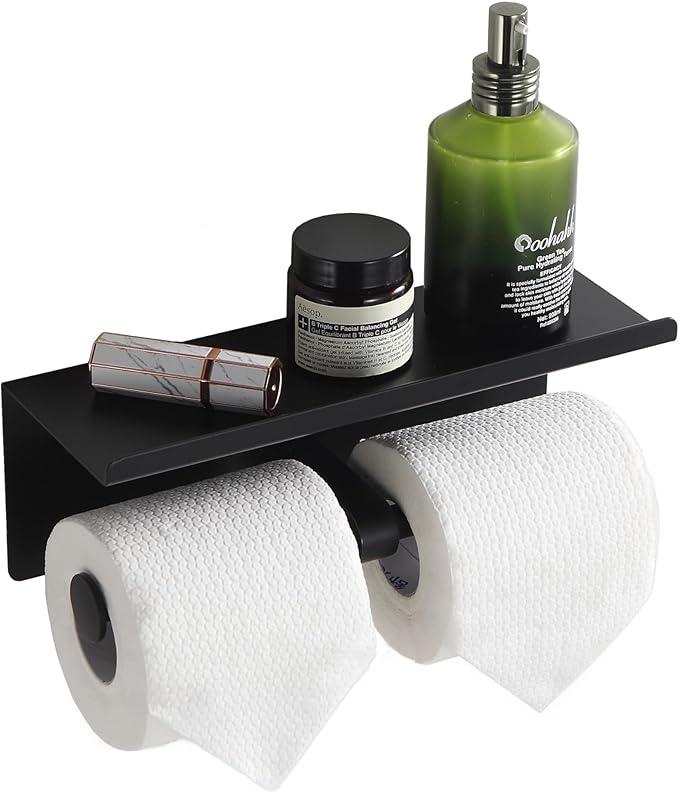 Black Toilet Paper Roll Holder with Shelf Wall Mounted for Bathroom (Black, Double Head) - ModernBath