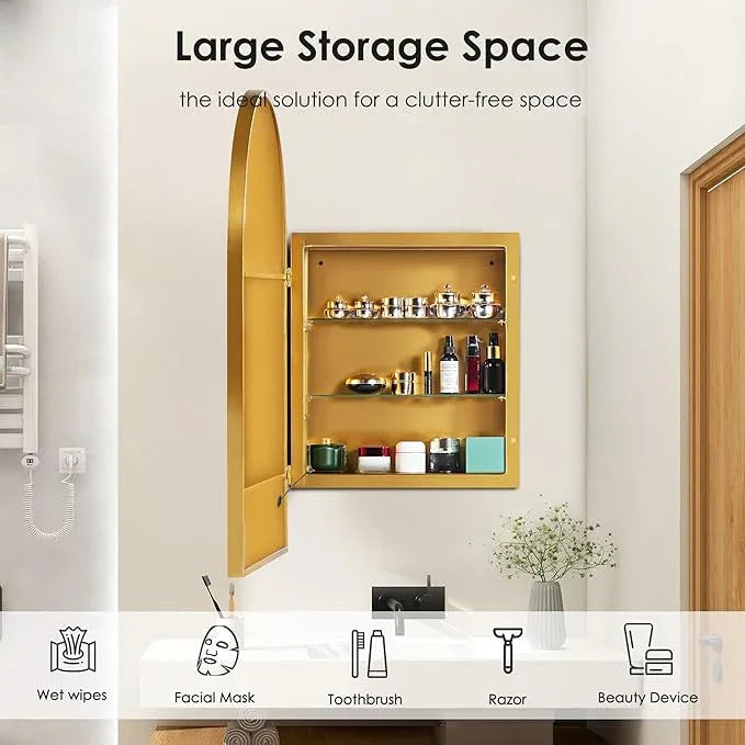 soges LED Medicine Cabinet Lighted Bathroom Mirror, 36”x24” Arched Recessed Medicine Cabinet with 2 Storage Shelves & Beveled Edge Mirror for Bathroom, Wall Mounted Mirror Cabinet, Gold - ModernBath
