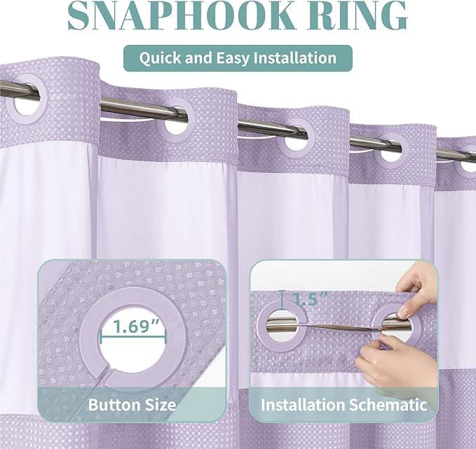 eachope Lavender No Hook Waffle Weave Shower Curtain with snap-in Liner Replacement, 230GSM Waterproof Fabric Hotel Shower Curtain Set for Bathroom, Through Mesh Top Window,71Wx74H - ModernBath