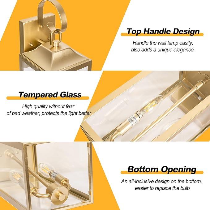 19" Gold Outdoor Wall Lantern 2-Light, Large Modern Wall Sconce Light Fixture, Industrial Porch Light with Glass, Waterproof Farmhouse Exterior Lamp (1 Pack) - ModernBath