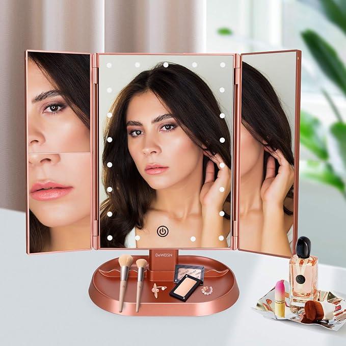 deweisn Trifold Lighted Vanity Makeup Mirror with 21 LEDs Lights,1x/2x/3x Magnification and Touch Screen Dimming,Two Power Supplies Makeup Mirror, Gift for Women - ModernBath