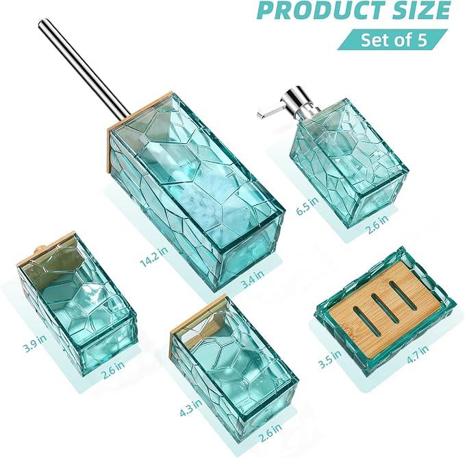 GAHEFY Teal Blue Beach Bathroom Accessories Set, Toothbrush Holder, Soap Dispenser, Cotton Swabs Holder, Soap Dish, Toilet Brush with Holder, Boho Bamboo Bathroom Decor,Acrylic (Teal) - ModernBath