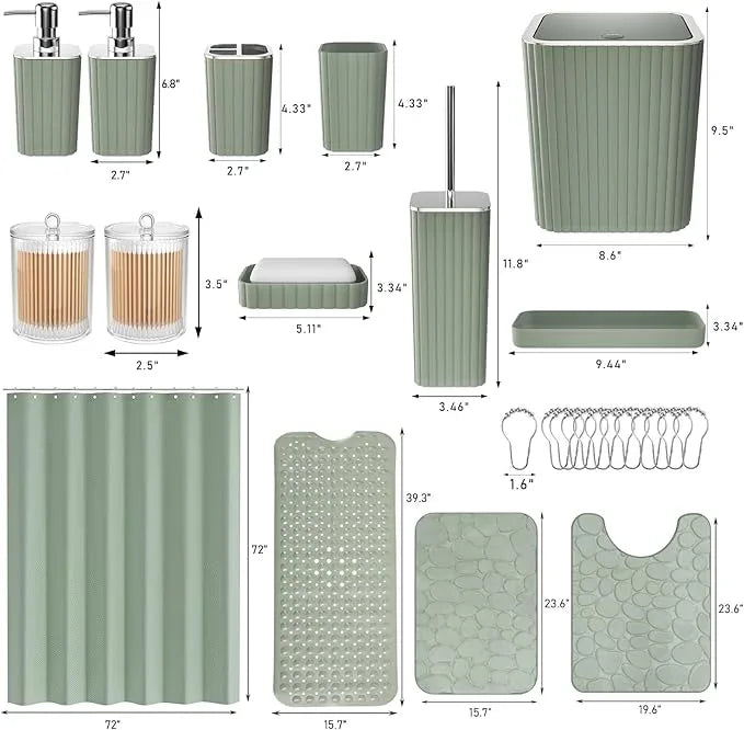 XLHOMO 26PC Bathroom Accessories Set - Gorgeous Bathroom Set, Sage Green Bathroom Accessory Set, Shower Curtain Set with Bathtub Mats for Shower Tub, Trash Can & Soap Dispenser - ModernBath
