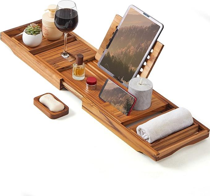 XcE Teak Bathtub Caddy Tray - Expandable to 41 Inches with Book Stand, Soap Holder & Anti-Slip Pads for Luxury Bath Spa, Teak - ModernBath