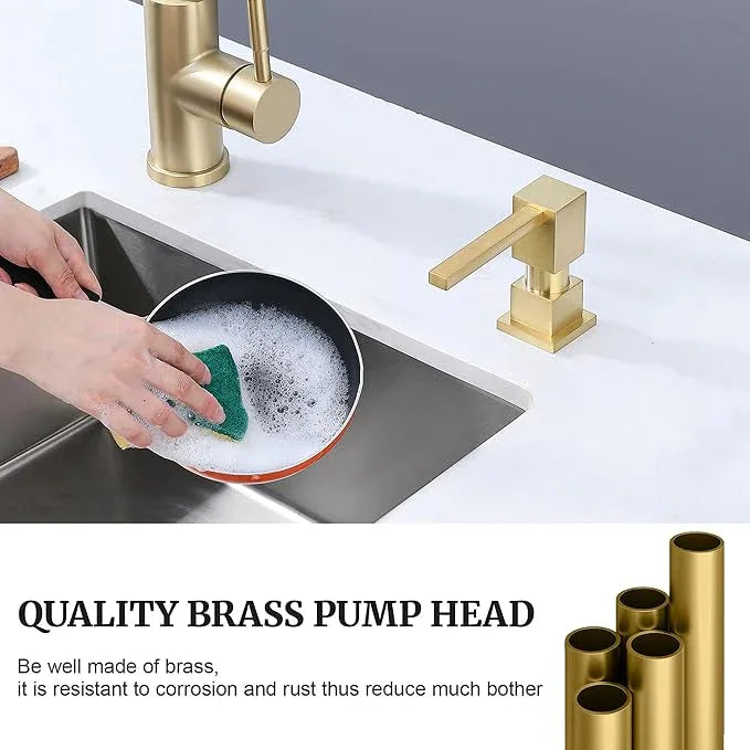 Sink Soap Dispenser for Kitchen Sink (Brushed Gold), All Brass Built-in and Refill from Top Design,Metal Hand Soap & Dish Soap Copper Pump - ModernBath