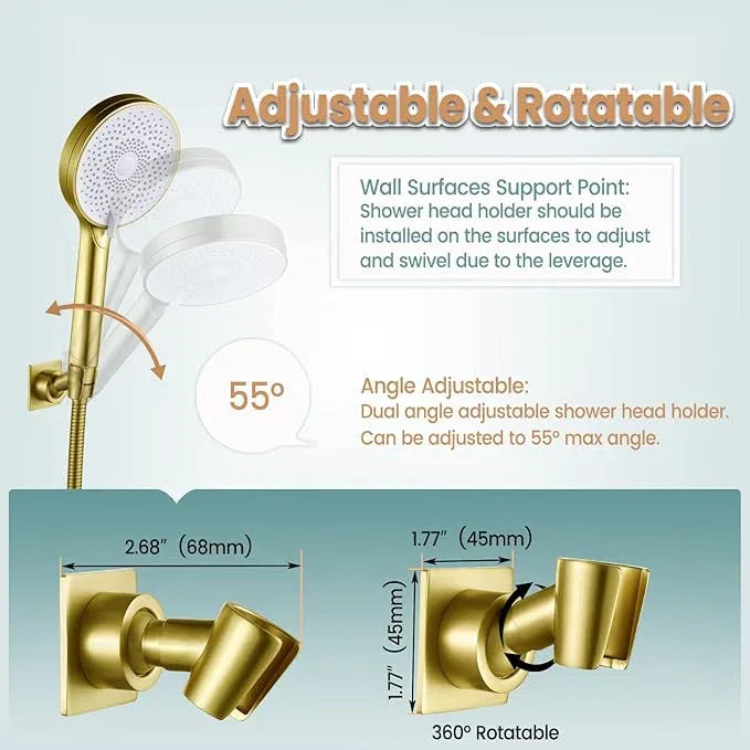 Shower Head Holder Handheld Shower Wand Holder Adjustable Shower Head Bracket Shower Wall Mount Holder, Brushed Brass/Gold Finish, Drill Free Glue Installation - ModernBath