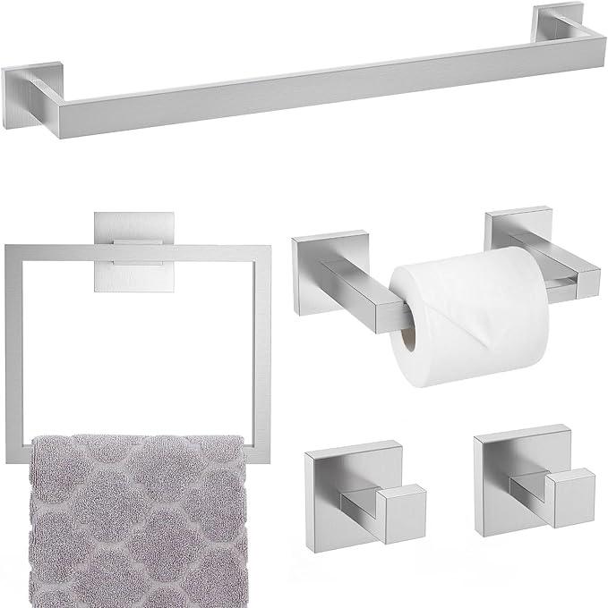 TNOMS Brushed Nickel Towel Bar Set,5-Piece Bathroom Hardware Set Includes Upgraded Double Base Paper Towel Holder Modern Square Towel Holder Set,Stainless Steel Wall Mount 23.6 Inch - ModernBath