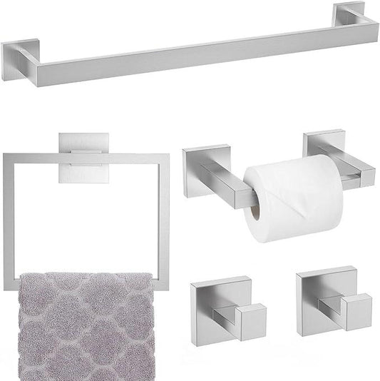 TNOMS Brushed Nickel Towel Bar Set,5-Piece Bathroom Hardware Set Includes Upgraded Double Base Paper Towel Holder Modern Square Towel Holder Set,Stainless Steel Wall Mount 23.6 Inch - ModernBath