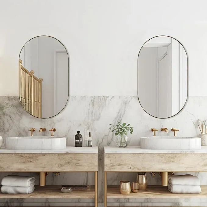 ANDY STAR Oval Bathroom Mirror, 20x33’’Oval Gold Mirror Stainless Steel Metal Frame Mirror for Bathroom, Entryway, Living Room, Contemporary 1" Deep Set Design Wall Mount Hangs Vertical or Horizontal - ModernBath