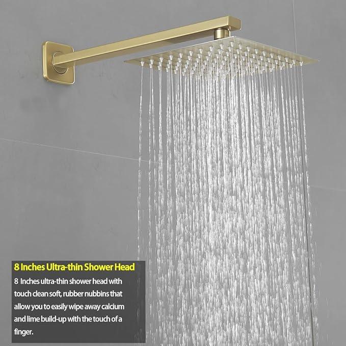 Heable Brushed Gold Shower Faucet Set, Single Function Shower Trim Kit with Rough-in Valve, Square Rain Shower Head System Included Extra Long Shower Arm for Bathroom - ModernBath