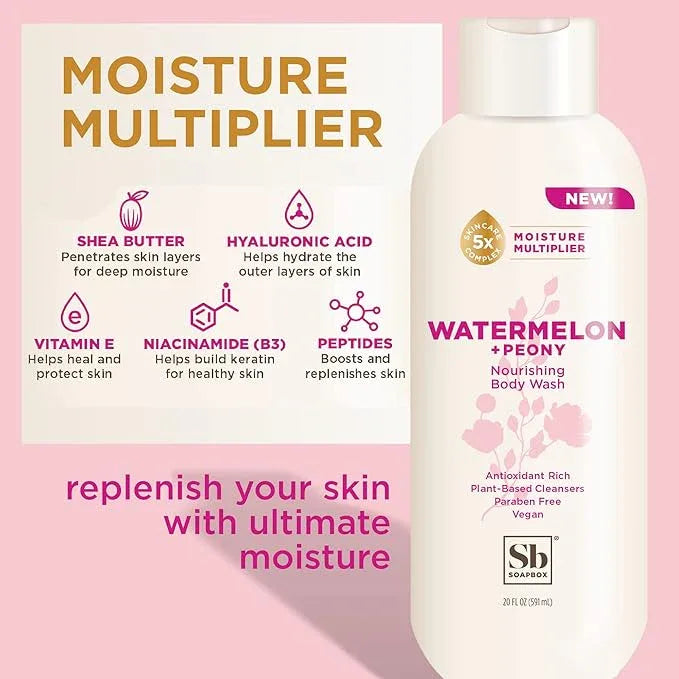 Soapbox Body Wash, Watermelon + Peony Body Wash for Women, Men, Vegan & Antioxidant Rich, Exfoliating, Moisturizing Soap with Shea Butter, Peptides & Keratin Promoting B3, 3 Pack, 20oz Each - ModernBath